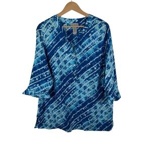 Catherines Blue Tie Dye Linen Blend Tunic Top Size 1X Coastal Beachy Boho Resort